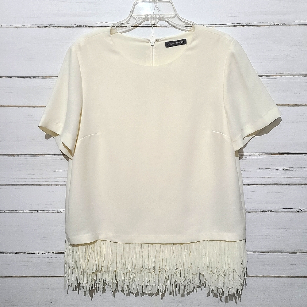 Banana Republic Ivory Cream Crepe Fringe Short Sleeve Top Sz Large - Picture 3 of 5